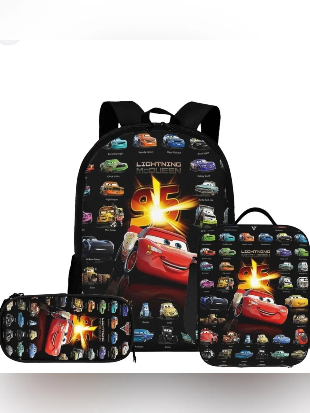 3 pc Cars 95 Lightning McQueen School Backpack, Lunch Box/Bag & Pencil Case New!